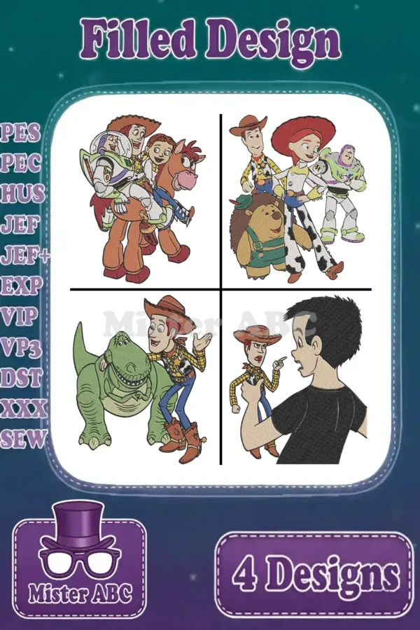 A vibrant bundle of four filled embroidery designs featuring iconic Toy Story characters like Woody, Buzz, and Jessie.