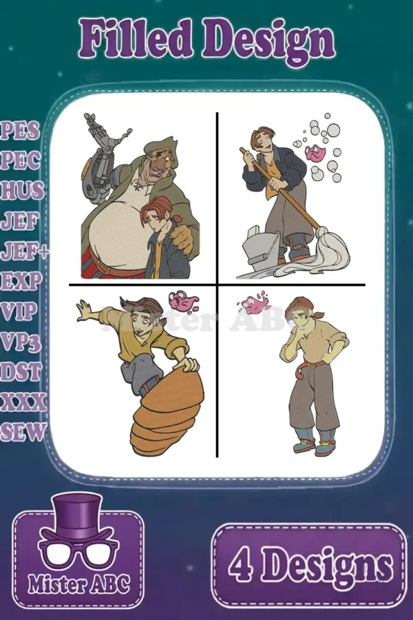 Four vibrant filled embroidery designs from Treasure Planet, featuring Jim Hawkins with John Silver, mopping, surfing, and pondering.