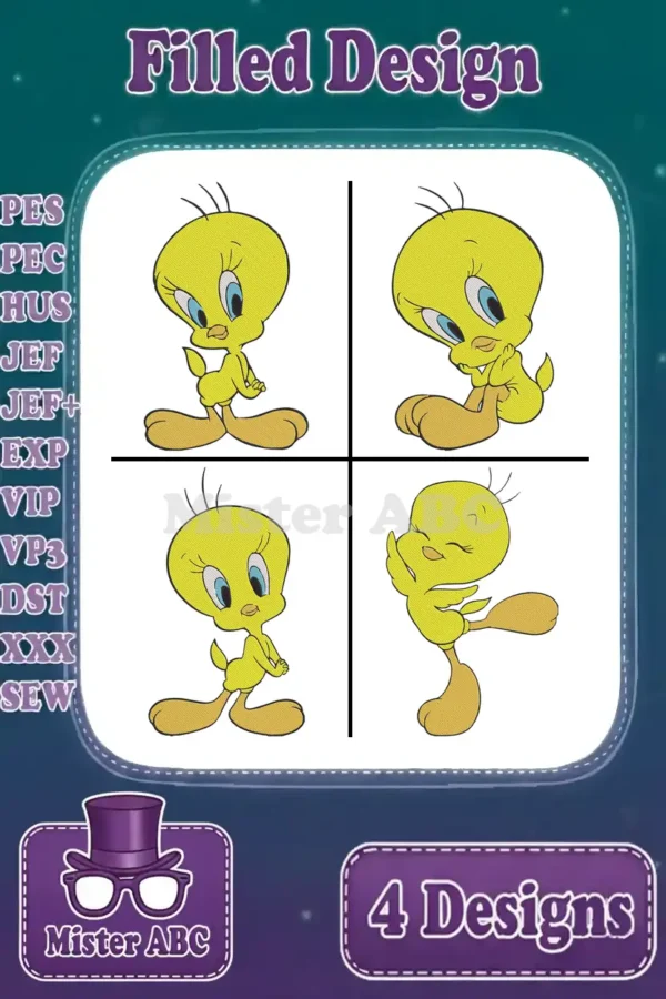 Discover four charming filled embroidery designs featuring Tweety Bird in various adorable poses, perfect for adding cartoon fun.