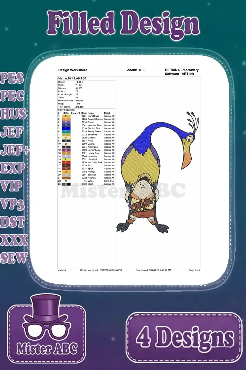 Detailed design worksheet for the Russell and Kevin (Kevin carrying Russell) filled embroidery pattern, showing stitch count.