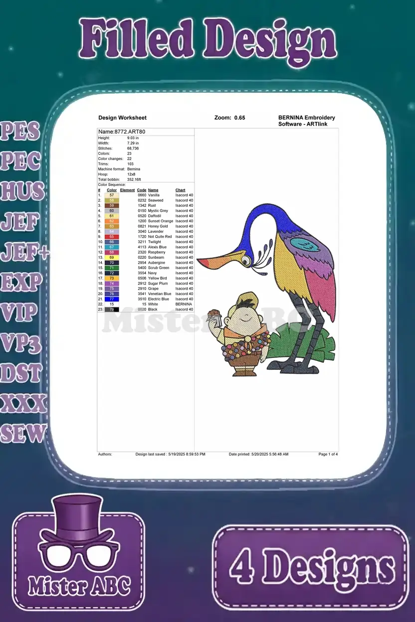 Detailed design worksheet for the Russell and Kevin (Kevin standing) filled embroidery pattern, showing stitch count.