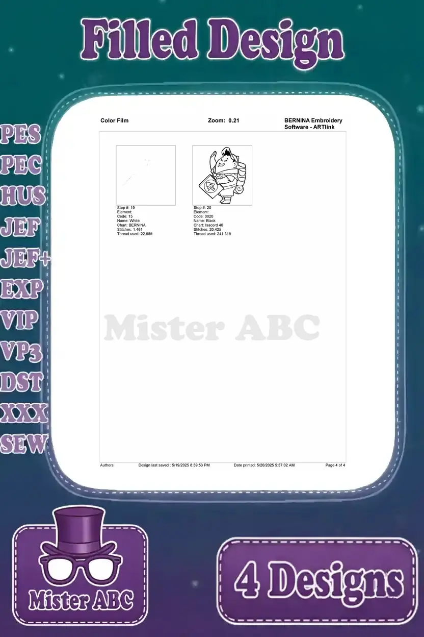 Color film page 3 for the Russell waving with handbook embroidery design, showing final thread stops.