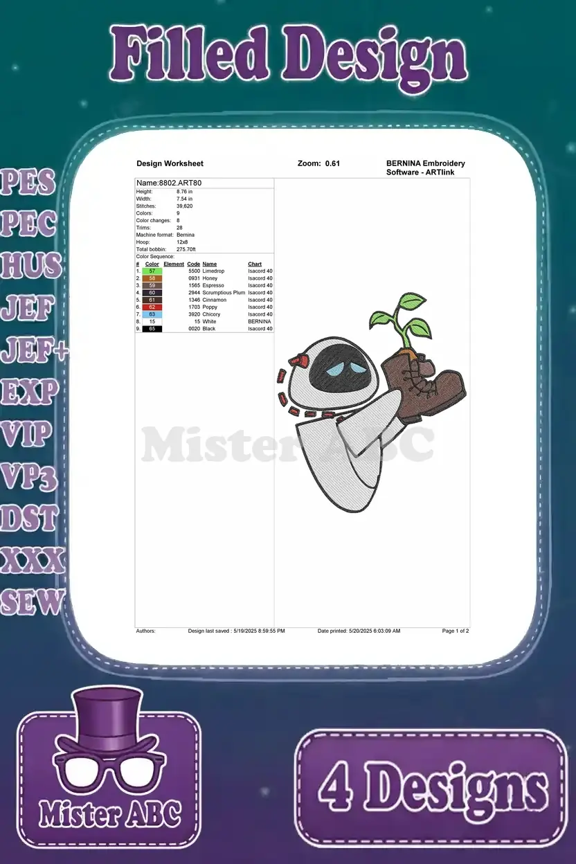 Detailed design worksheet for EVE holding a plant, showing stitch count, color sequence, and thread chart for embroidery.