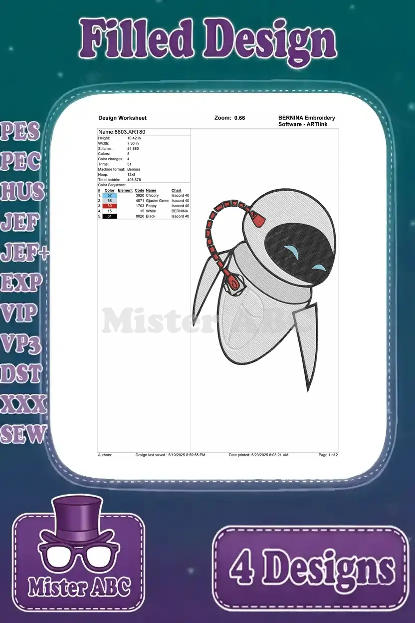 Detailed design worksheet for EVE connected by a red cable, showing stitch count, color sequence, and thread chart.