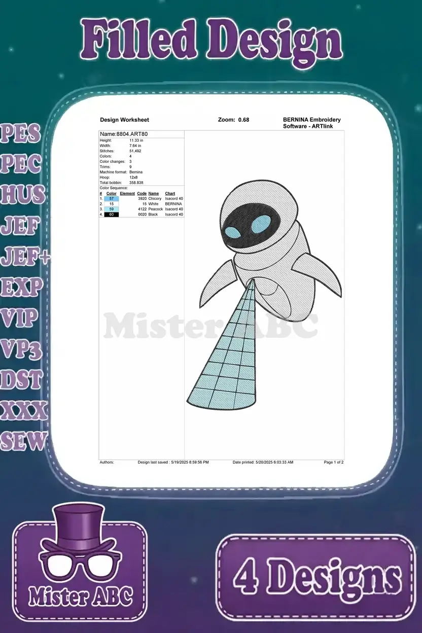 Detailed design worksheet for EVE projecting a blue grid, showing stitch count, color sequence, and thread chart.