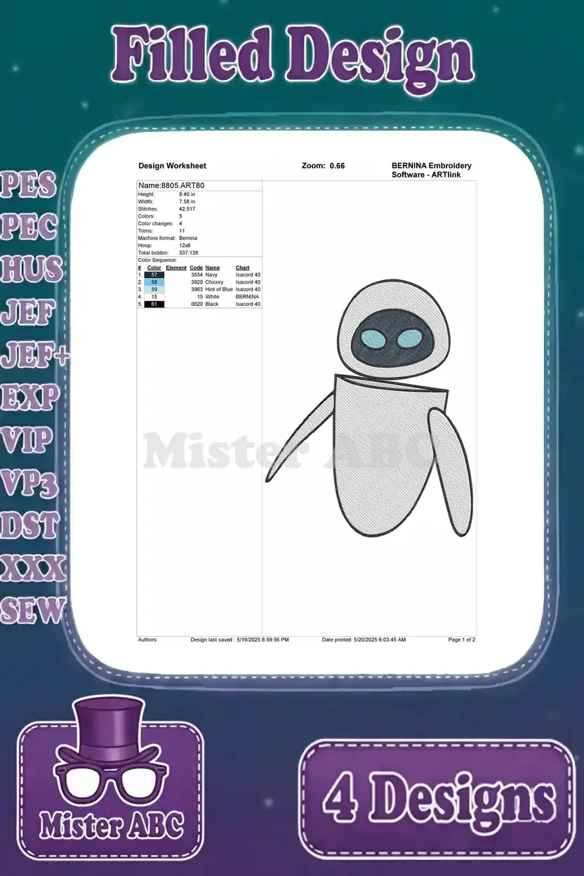 Detailed design worksheet for the simple EVE pose with arms out, showing stitch count, color sequence, and thread chart.