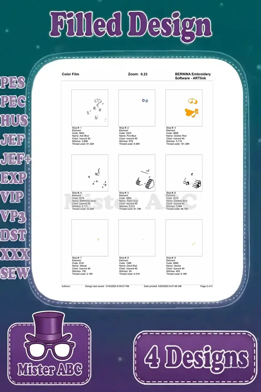 Color film page 1 for the WALL-E and EVE holding hands embroidery, showing initial stitch sequence steps.