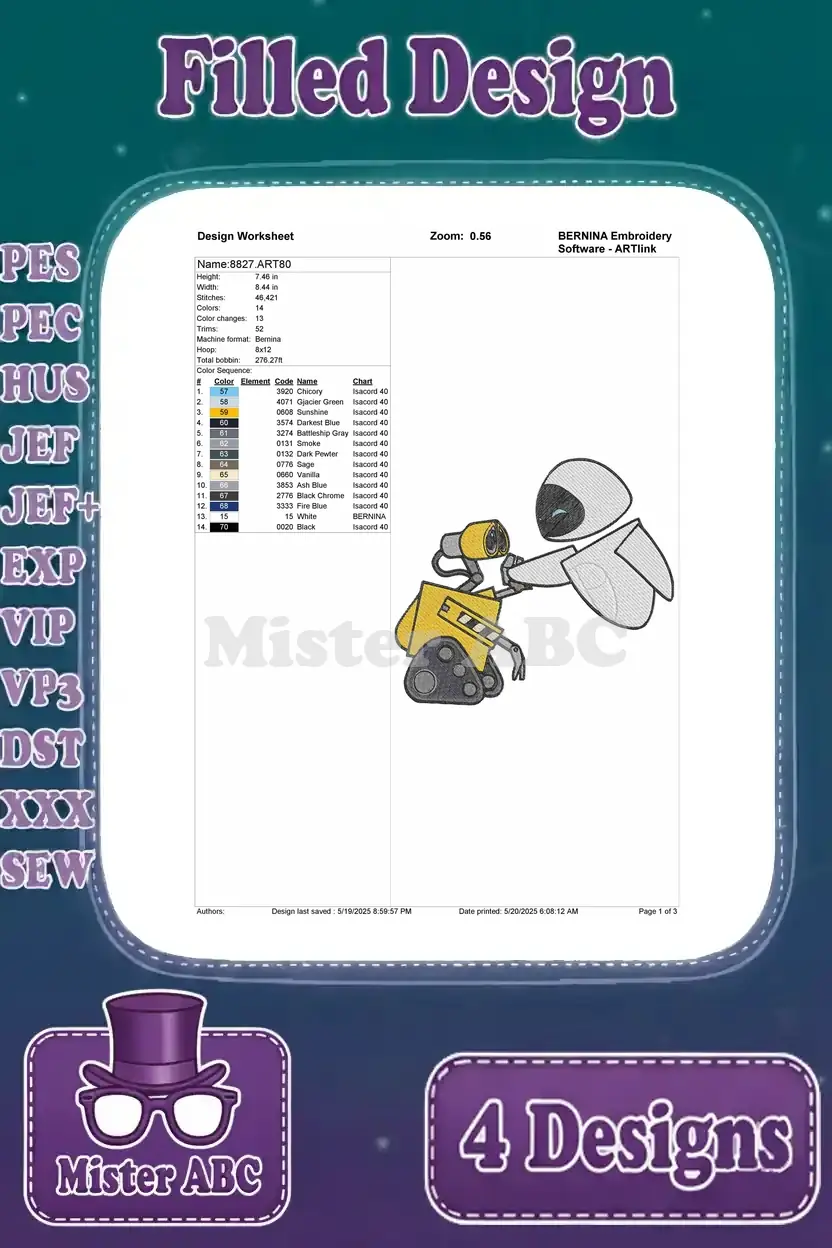 Detailed design worksheet for the third WALL-E and EVE embroidery, showing stitch count, colors, and hoop size.