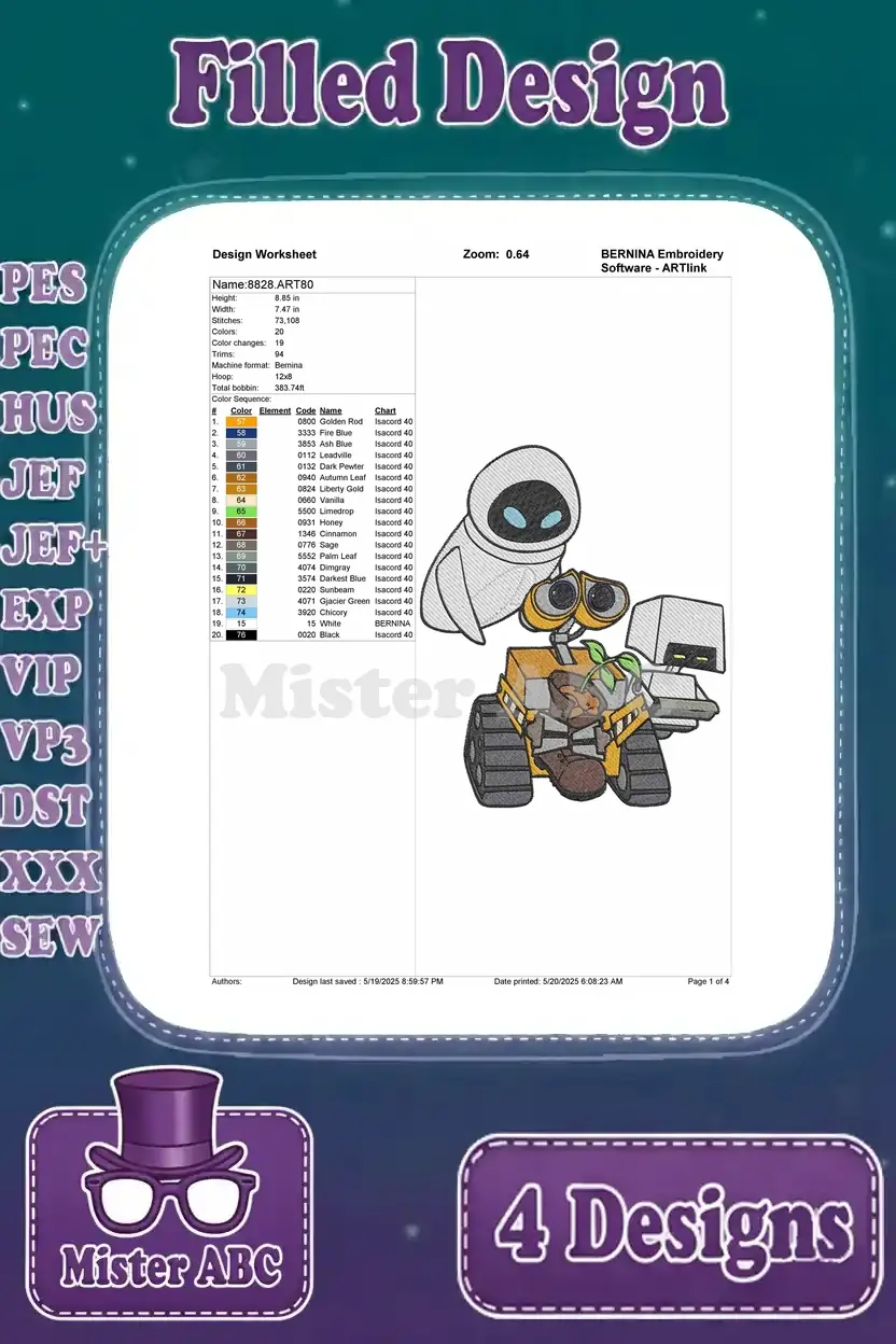 Detailed design worksheet for the fourth WALL-E and EVE embroidery, showing stitch count, colors, and hoop size.