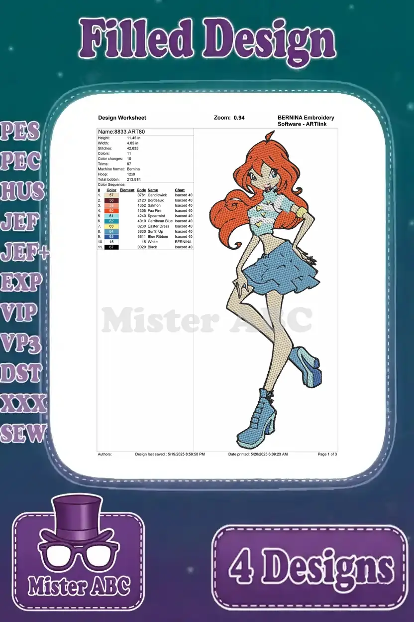 Detailed embroidery design worksheet for Bloom standing, showing stitch count, colors, and thread information.