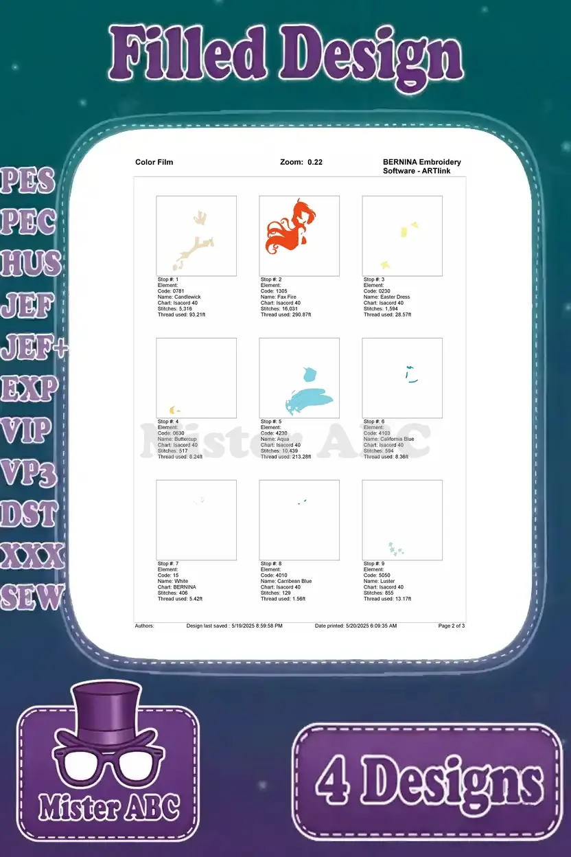 Color film breakdown for Bloom sitting embroidery, illustrating the sequential application of various thread colors.