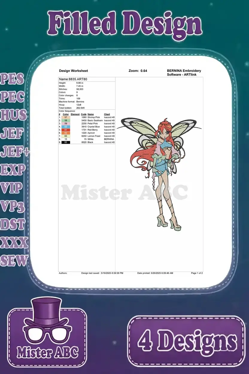Detailed embroidery design worksheet for Bloom with wings, showing stitch count, colors, and thread information.