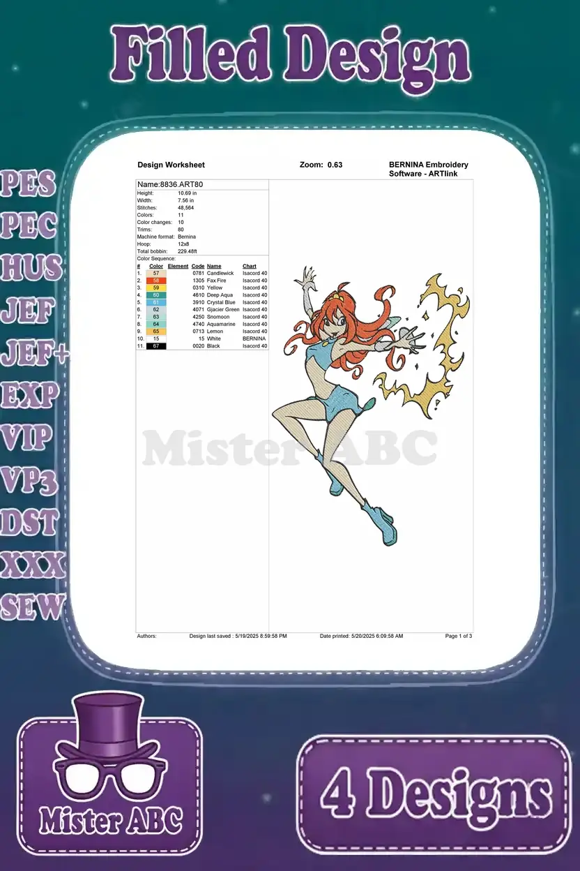 Detailed embroidery design worksheet for Bloom with magic, showing stitch count, colors, and thread information.