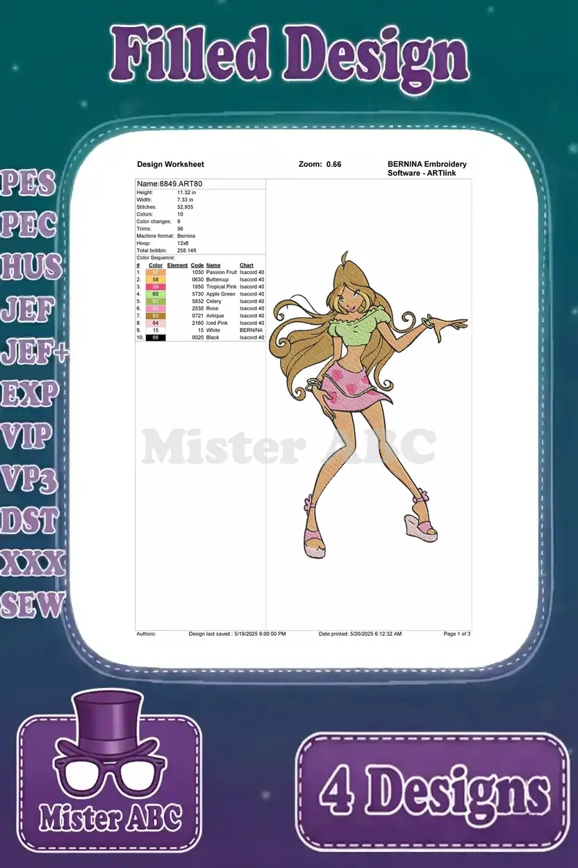 Detailed design worksheet for the first Flora Winx Club embroidery pattern, showing stitch count and color sequence.