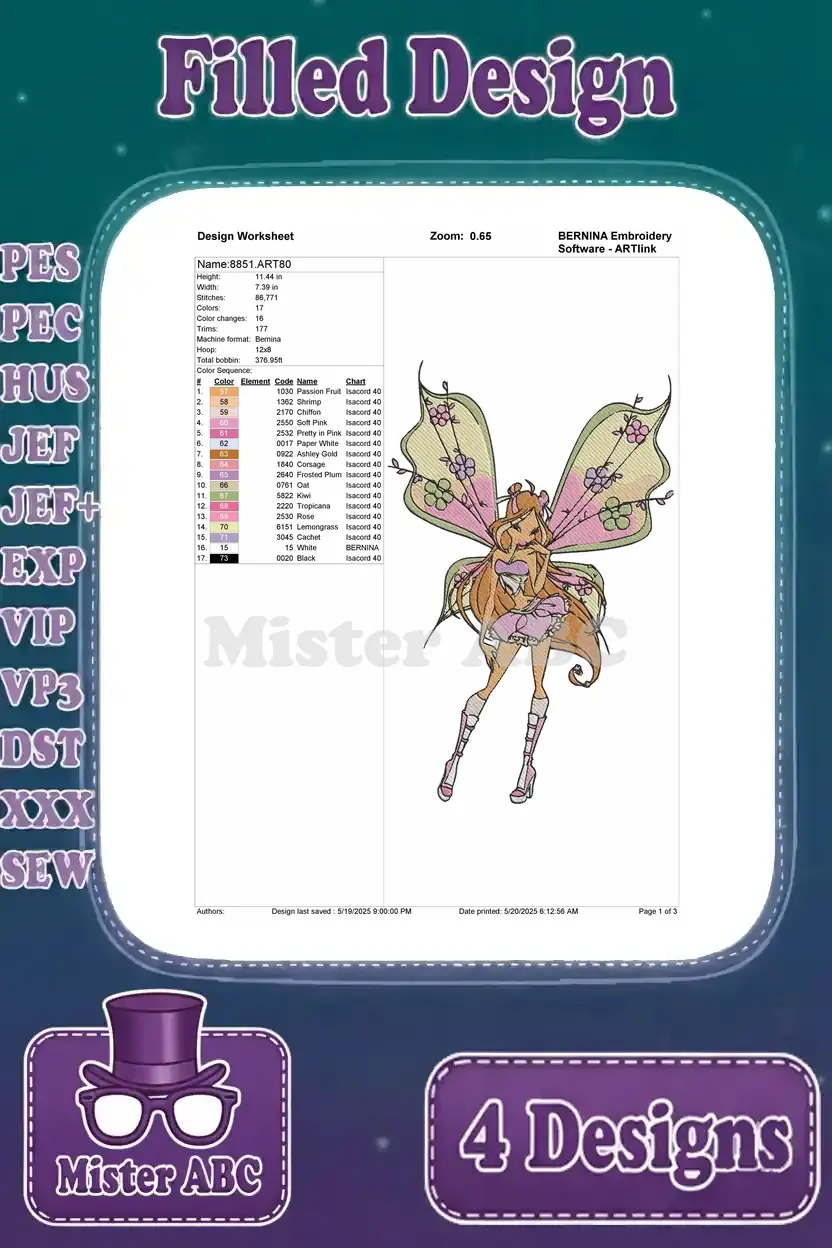 Detailed design worksheet for the third Flora Winx Club embroidery pattern with wings, showing stitch count.