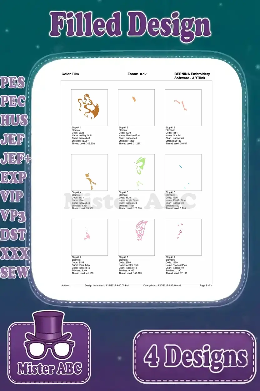 Color film page 2 for Flora Winx Club embroidery design 4 (with large wings), showing color stops.