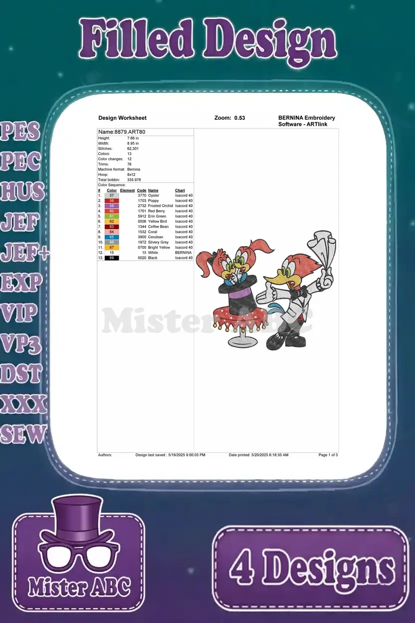 Design worksheet for Woody and Winnie Woodpecker dancing embroidery, showing stitch count, color chart, and design name.