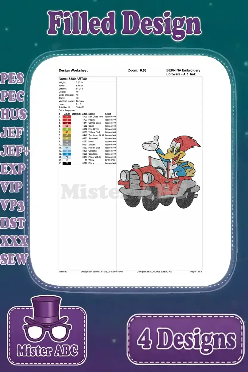 Design worksheet for Woody Woodpecker driving a car embroidery, displaying stitch count, color chart, and design name.