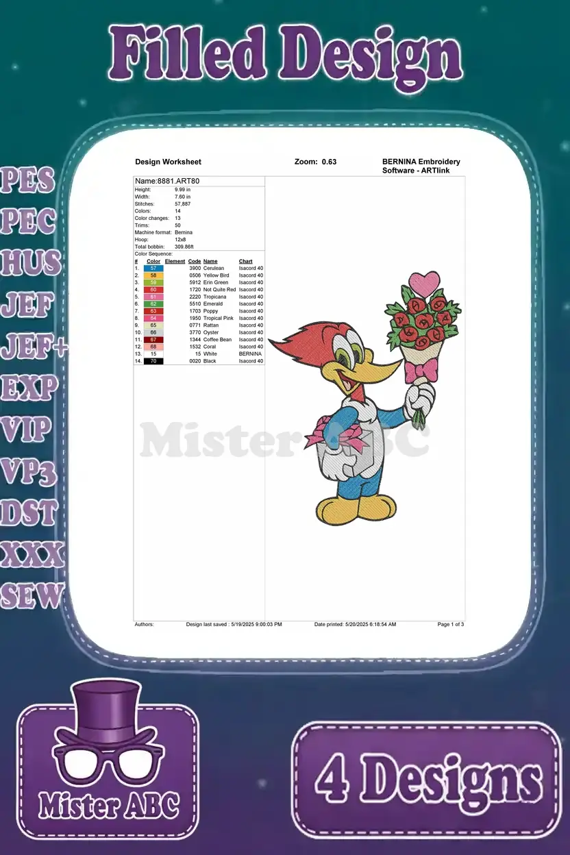 Design worksheet for Woody Woodpecker holding flowers embroidery, showing stitch count, color chart, and design name.