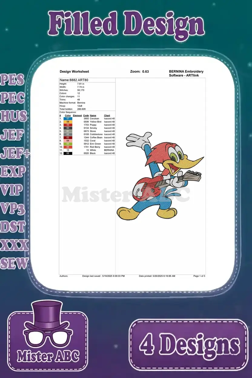 Design worksheet for Woody Woodpecker playing guitar embroidery, showing stitch count, color chart, and design name.
