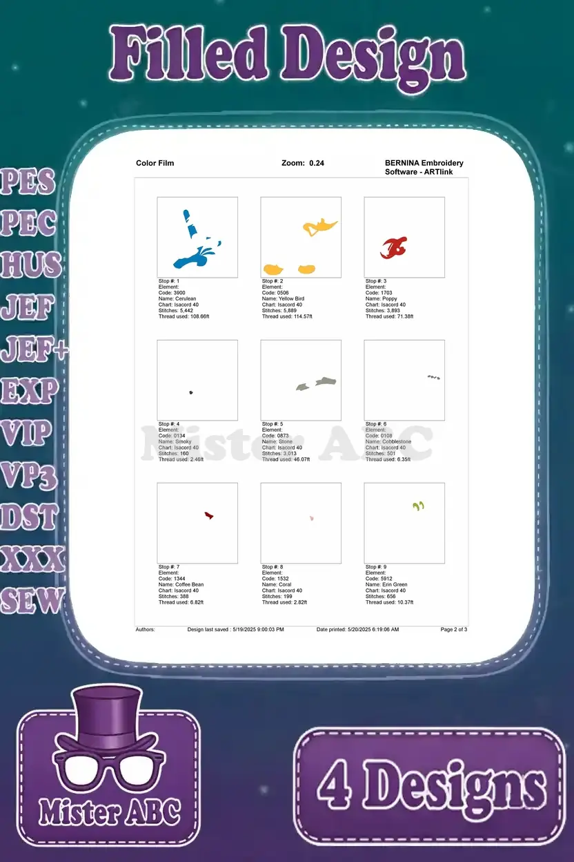 First page of the color film for Woody Woodpecker playing guitar design, showing initial color stops and stitch layers.