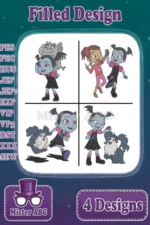 A vibrant collage of four Vampirina filled embroidery designs, showcasing Vampirina with her friends and pets in various poses.