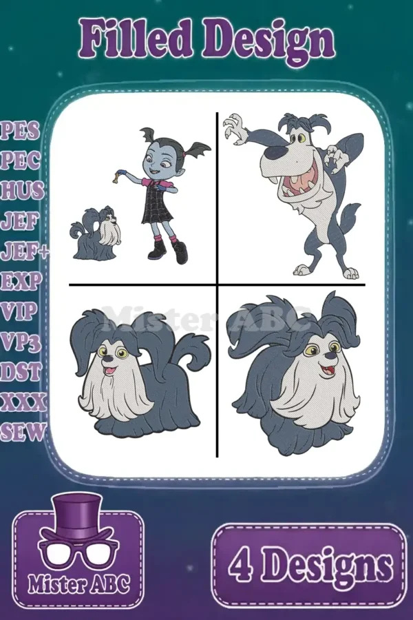 Main product image showing four distinct filled embroidery designs: Vampirina with Wolfie, Boris Hauntley, and two Wolfie poses.