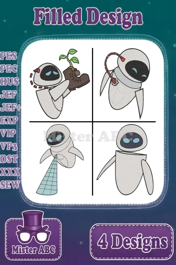Four distinct filled embroidery designs of EVE from WALL-E, showcasing various iconic poses, ready for digital stitching projects.