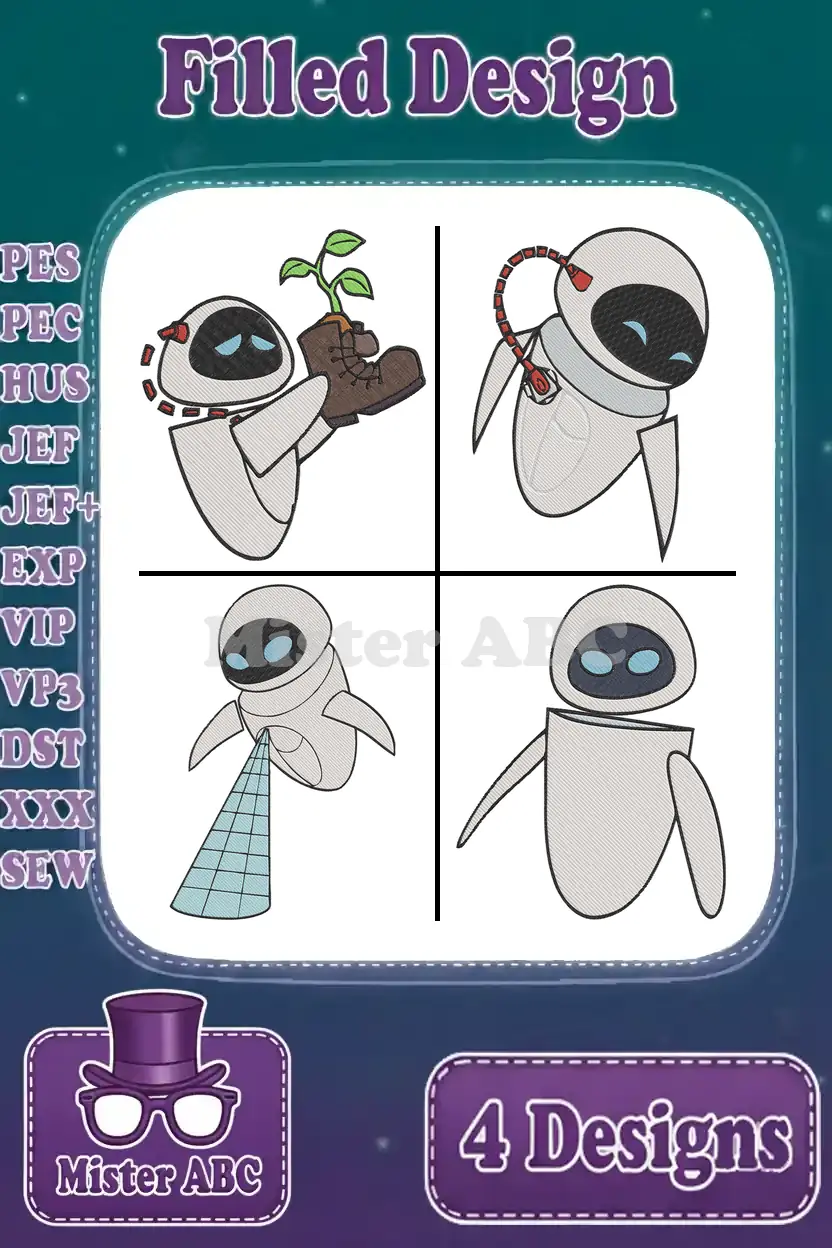 Four distinct filled embroidery designs of EVE from WALL-E, showcasing various iconic poses, ready for digital stitching projects.