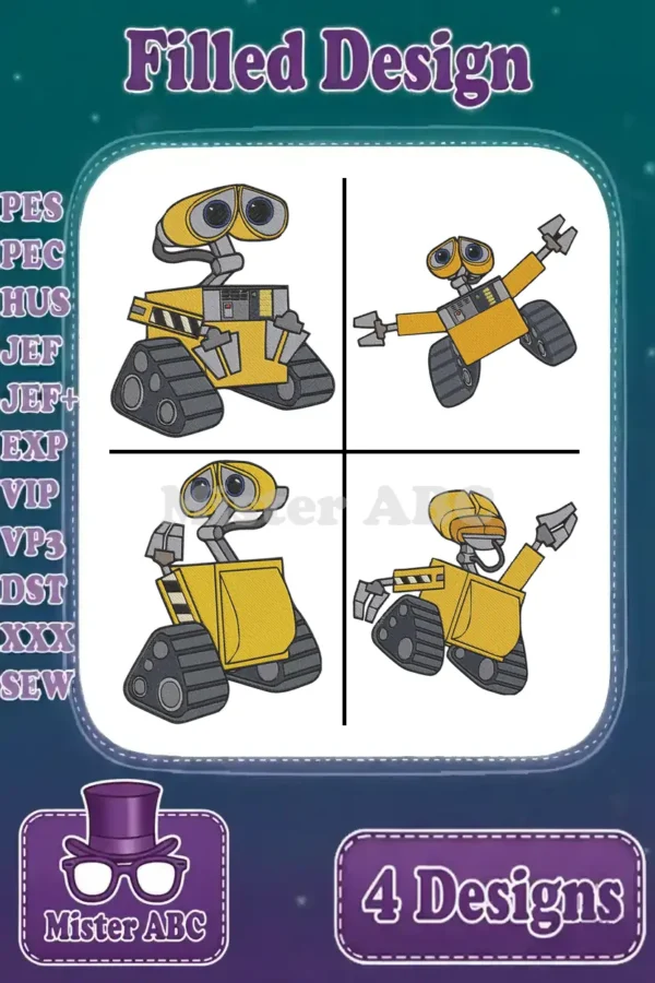 Four vibrant WALL-E filled embroidery designs, showcasing various poses and supported machine formats for crafters.