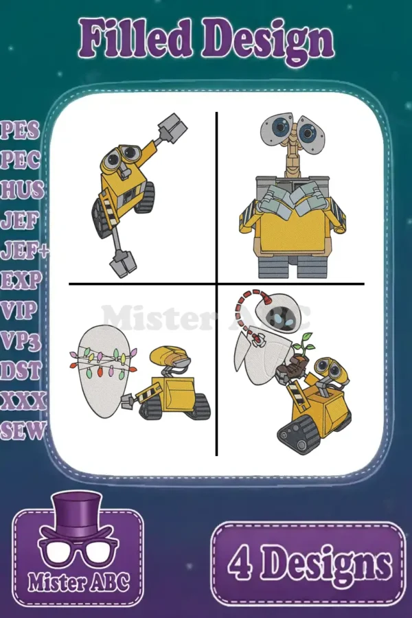 A vibrant collage of four WALL-E and EVE filled embroidery designs, ready for various creative projects and apparel.