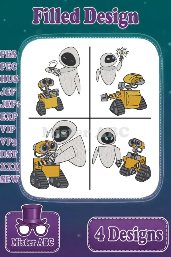 A vibrant grid of four WALL-E and EVE filled embroidery designs, showcasing different poses and interactions.