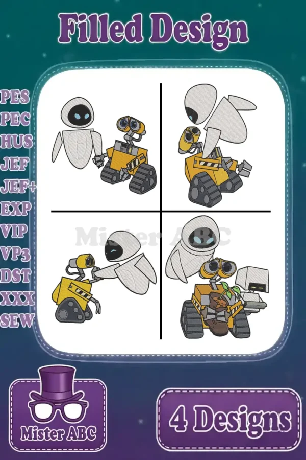 Four vibrant filled embroidery designs featuring WALL-E and EVE in various adorable poses, ready for stitching.