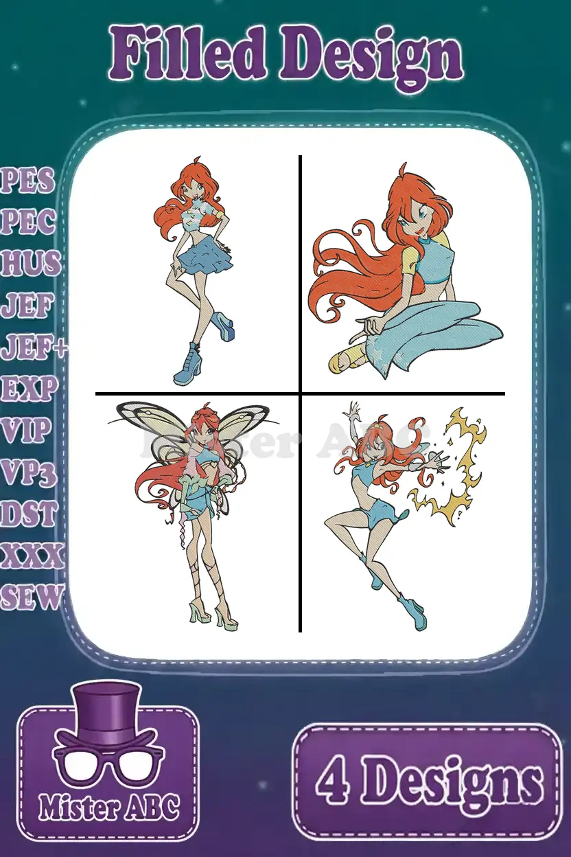 A captivating image of four distinct filled embroidery designs featuring Bloom from Winx Club in various poses.