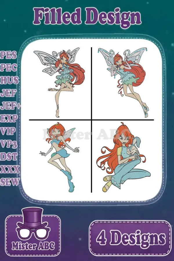 Four vibrant filled embroidery designs of Bloom from Winx Club in various dynamic poses, ready for magical projects.