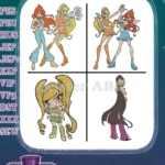 Winx Club Bloom Stella And Flora Fairies Group And Individual Character - Filled Embroidery Design - Instant Download