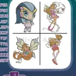 Winx Club Layla Aisha Fairy Of Waves And Flora Fairy Of Nature Various Poses - Filled Embroidery Design - Instant Download
