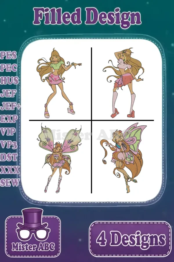 A collection of four vibrant filled embroidery designs featuring Flora from Winx Club in various poses and outfits.