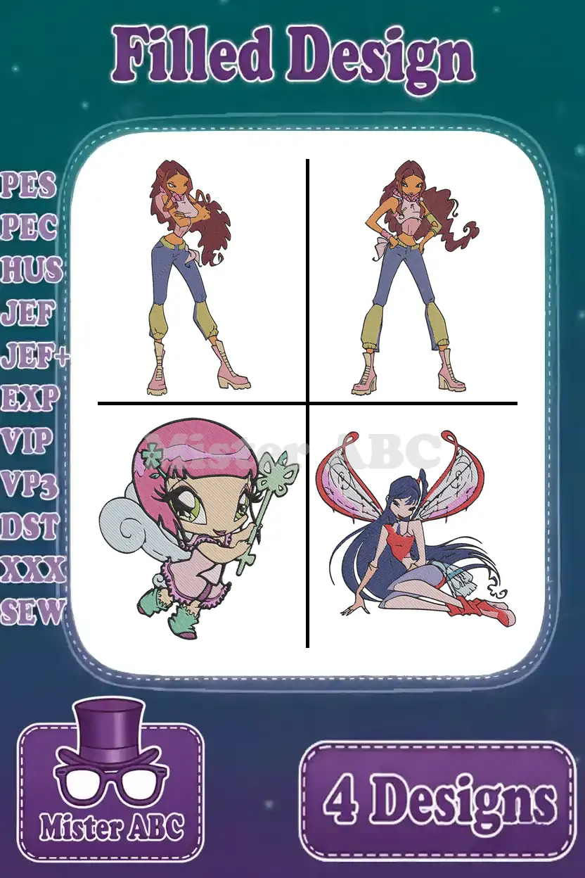 A vibrant collage showcasing four filled embroidery designs: two poses of Aisha, a Lockette pixie, and a Bloom fairy.