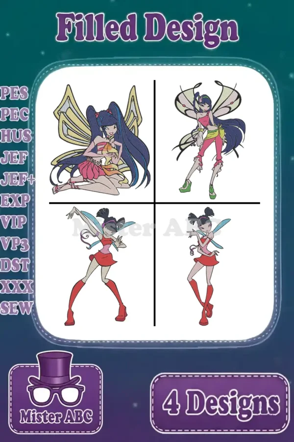 Four vibrant filled embroidery designs of Tecna from Winx Club, showcasing diverse poses and outfits, ready for crafting.