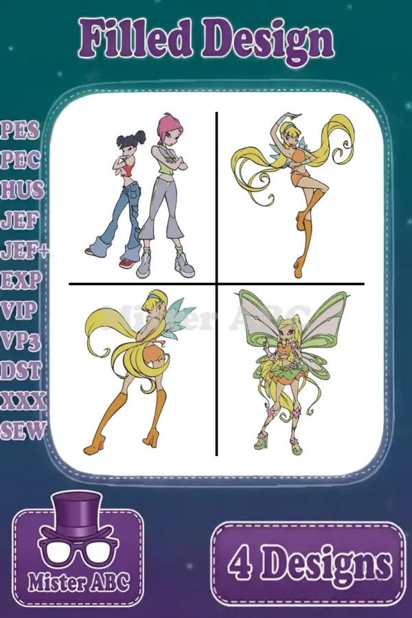 Four vibrant Winx Club embroidery designs: Tecna, Musa-like character, and Stella in three dynamic poses, showcasing diverse stitch patterns.