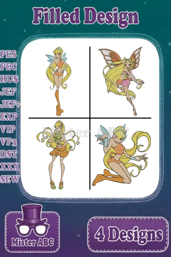 A vibrant digital embroidery design showing four unique poses of Winx Club's Stella, available in multiple formats.