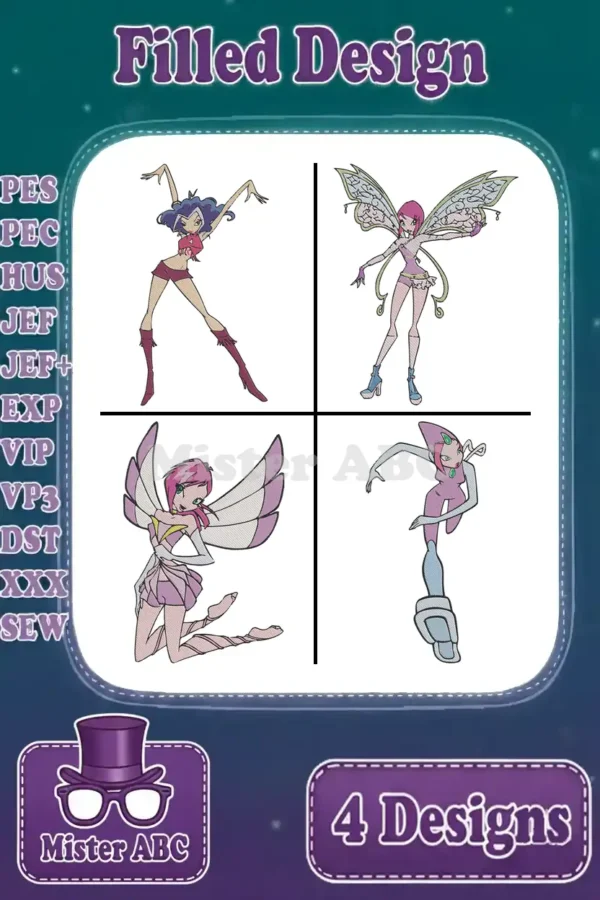 A vibrant bundle showcasing four filled embroidery designs: Stormy, Bloom, Flora, and Tecna from Winx Club.