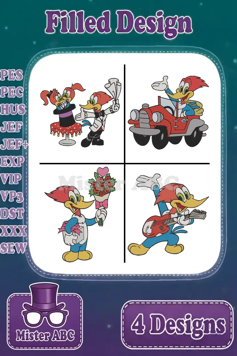 Four vibrant Woody Woodpecker filled embroidery designs, including Woody with Winnie, driving a car, holding flowers, and playing guitar.