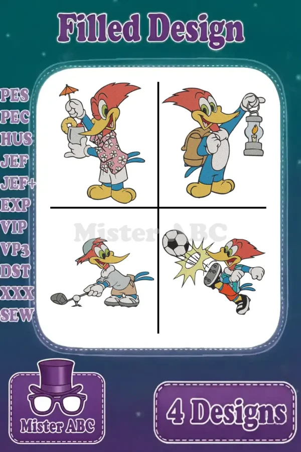 Main product image showing four vibrant filled embroidery designs of Woody Woodpecker in different playful scenarios.