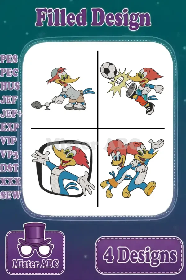 Four vibrant, filled embroidery designs of Woody Woodpecker in various poses, including golfing, playing soccer, and running.