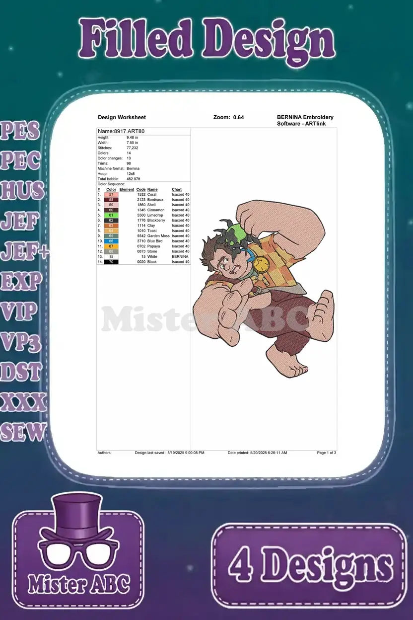 Detailed design worksheet for Wreck-It Ralph holding Vanellope, showing stitch count, color changes, and hoop size.