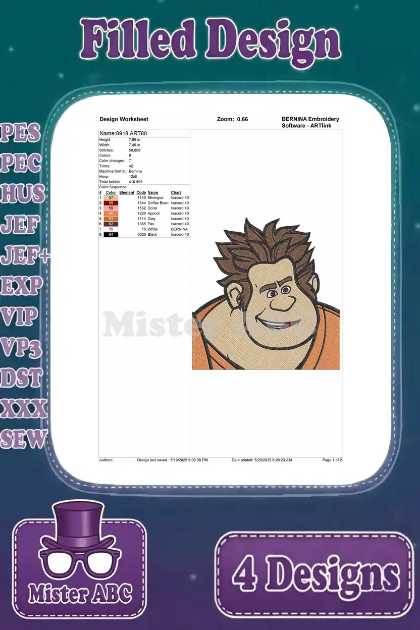 Design worksheet for Wreck-It Ralph's smiling face, detailing stitch count, color changes, and recommended hoop size.
