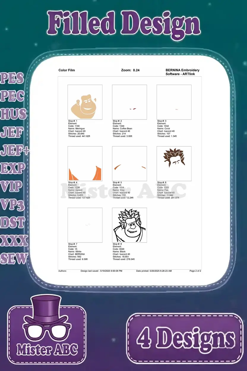 Color film page 2 for Wreck-It Ralph's face embroidery, showing detailed stitch stops and thread information.
