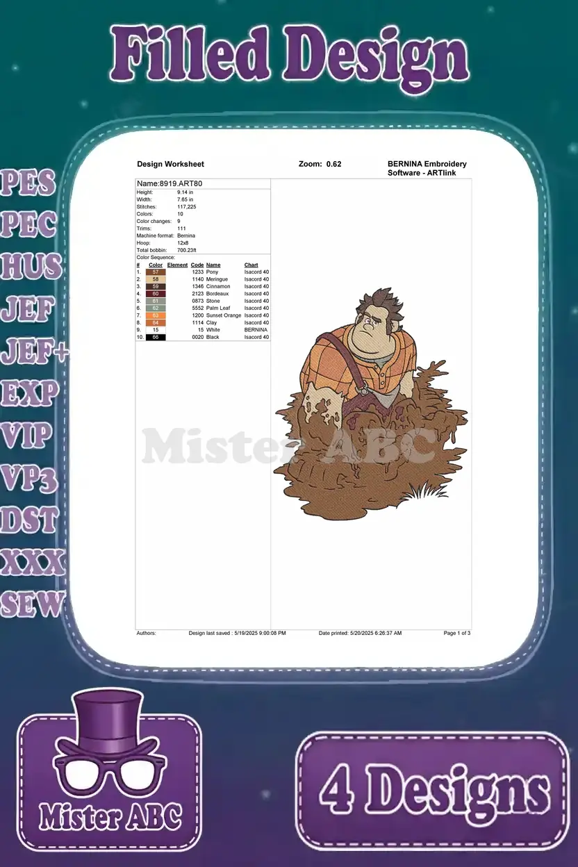 Design worksheet for Wreck-It Ralph emerging from mud, detailing stitch count, color changes, and hoop size.